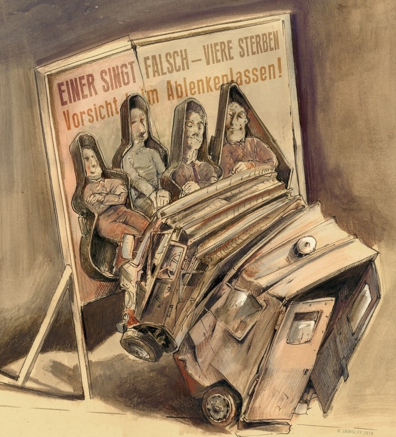 Zu sehen ist ein ziehharmonikaartig zusammengefaltetes Autowrack, das gegen eine Autobahn-Warntafel geprallt ist mit der Aufschrift „Einer singt falsch – Viere sterben! Vorsicht beim Ablenkenlassen!“ Darunter sind vier wie Särge aussehende Instrumentenkoffer abgebildet, in denen jeweils eine Gestalt mit geschlossenen Augen kauert.
Zu sehen ist ein ziehharmonikaartig zusammengefaltetes Autowrack, das gegen eine Autobahn-Warntafel geprallt ist mit der Aufschrift „Einer singt falsch – Viere sterben! Vorsicht beim Ablenkenlassen!“ Darunter sind vier wie Särge aussehende Instrumentenkoffer abgebildet, in denen jeweils eine Gestalt mit geschlossenen Augen kauert.