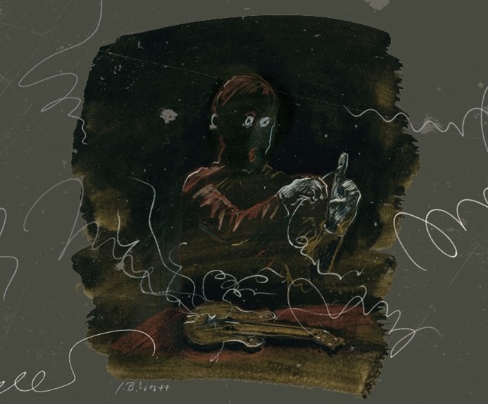 Die gesamte Seite ist dunkelgrau eingefärbt. Quasi im Dunkeln sitzt ein Typ mit einer vor ihm liegenden Mandoline und sticht sich mit einem Saitenende in den gestreckten Zeigefinger.
