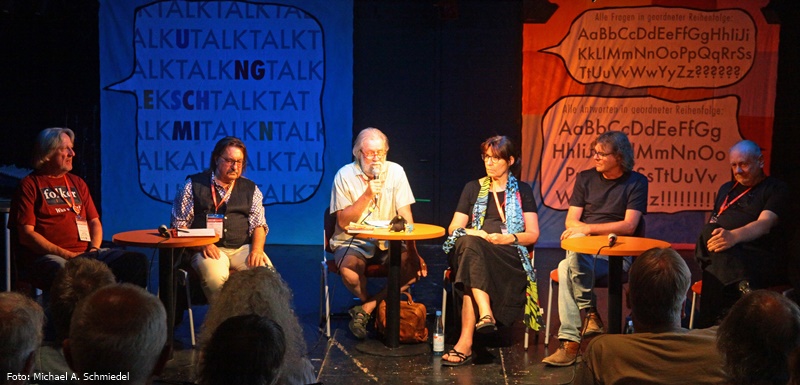 Folker-Gespräch Rudolstadt 2019, (v. l.) Kamp, Maurenbrecher, Kleff, Rottschalk, Wenzel, Wolff * Foto: Michael A. Schmiedel