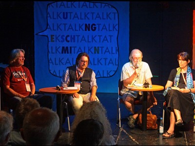 Folker-Gespräch Rudolstadt 2019, (v. l.) Kamp, Maurenbrecher, Kleff, Rottschalk, Wenzel, Wolff * Foto: Michael A. Schmiedel